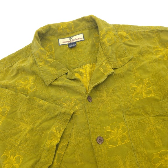 Tommy Bahama Other - Tommy Bahama Mens Large Silk Embroidered Palm Floral Camp Shirt Mustard Green